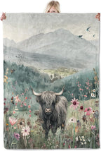 Highland Cow Flannel Blanket 50x60in,Watercolor Floral Cow in Meadow with Mountain Landscape,Soft Lightweight Throw for Cow Lovers,Women,Farmhouse,Rustic Home Decor Gifts Blankets