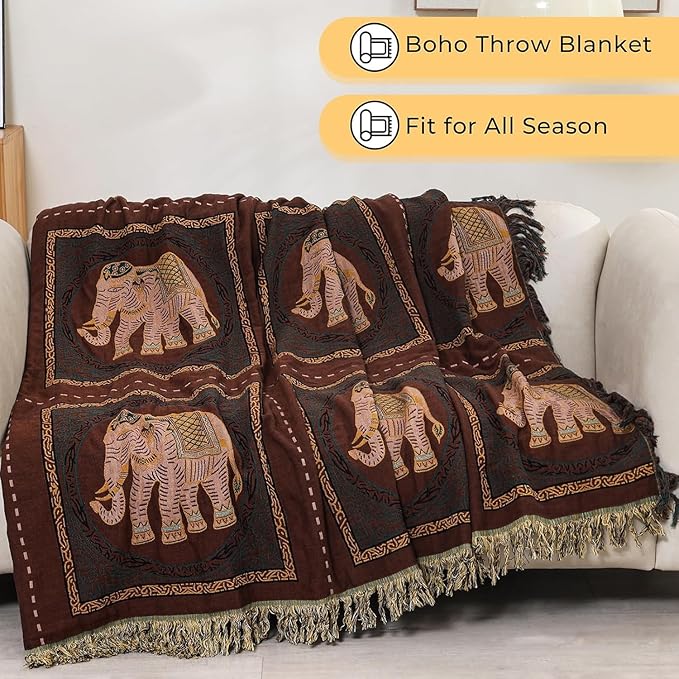 Boho Throw Blanket for Bed with Tassels,100% Cotton Ultra Soft and Cozy Large Blanket Elephant Printed Farmhouse Decor Bed Blankets,90"×98" All Season Rustic Throw for Sofa Couch Chair-Brown
