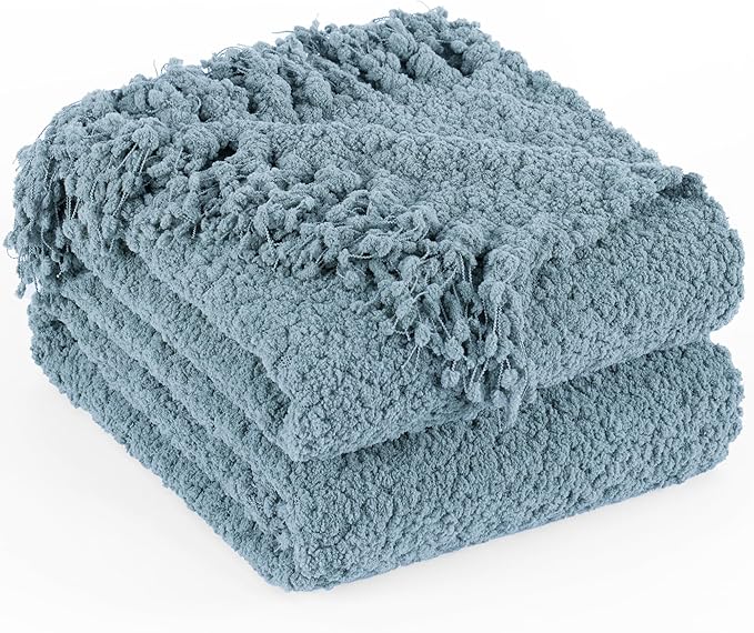 Throw Blanket for Couch, Dusty Blue Luxury Knitted Throws 50"x60", Textured Blankets with Handmade Fringe Tassels for Bed Sofa Decorative, Chunky Soft Farmhouse Boho Home Decor