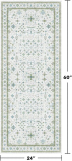 Washable Oushak Bathroom Runner Rug 2x5 - Eclectic Boho Floral Pastel, Non Slip Low Pile Stain Resistant Small Throw Rug for Bedroom, Laundry Room, Powder Room, Cream Green