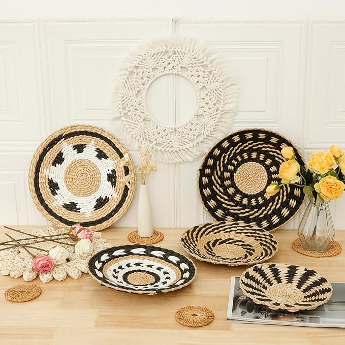 HJJWNDDNG 11 Pack Boho Wall Basket Decor Set, Hanging Woven Seagrass Rattan Wicker Boho Wall Decor, Round Farmhouse Wall Hanging Baskets Rustic Flat Wall Art for Living Room Bedroom Kitchen (Style 6)