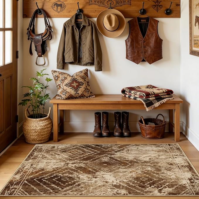 Area Rug 4x6 Rug Machine Washable Non-Slip Low Pile Print Pattern Western Rug for Living Room Bedroom Entryway Tribal Series-Abstract/Cowhide