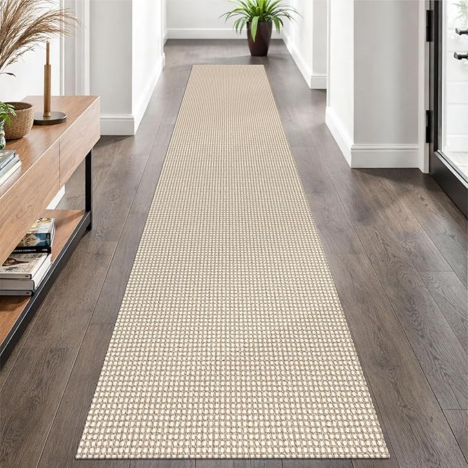 EARTHALL Woven Runner Rug 2x10 Ft Washable Runners for Hallways Long Cotton Non Slip Rubber Backed Kitchen Runner Braided Indoor Floor Carpet for Entryway, Hallway, Kitchen, Beige/Khaki