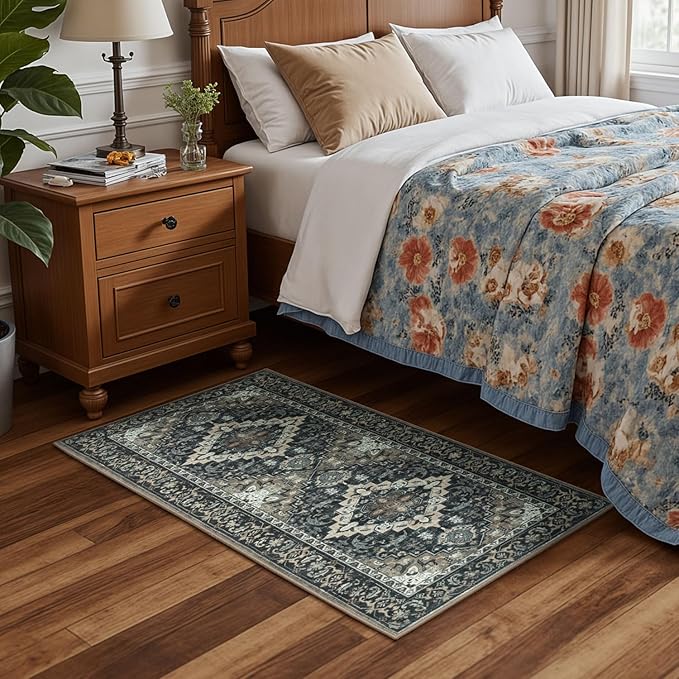 Lessymo 2 x 4 Entryway Rug, Machine Washable Area Rugs Boho Faux Wool Low Pile Area Rug for Bedroom, Floral Medallion Vintage Outdoor Rugs with Non-Slip Rubber,Black Brown