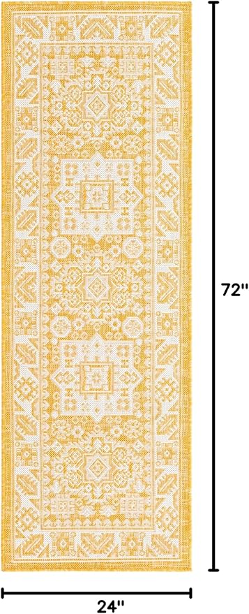 Rugs.com Outdoor Aztec Collection Rug – 6 Ft Runner Yellow Flatweave Rug Perfect for Hallways, Entryways
