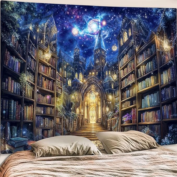 Accnicc Fantasy Bookshelf Tapestry Space Library Tapestries Wall Hanging Gothic Galaxy Castle Magic Book Extra Large Tapestry for Bedroom Living Room Dorm Classroom 90 x 68 inch