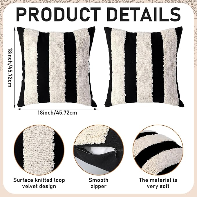 Oudain 2 Pcs Black and White Tufted Pillow Covers Boho Chunky Geometric Decorative Throw Pillow Case 18 x 18 Inches Abstract Pillowcases for Bed Couch(Black, White, Stylish Style)