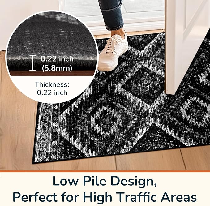 Area Rug 2x5 Rug Machine Washable Non-Slip Low Pile Print Pattern Western Rug for Living Room Bedroom Entryway Tribal Series-Black