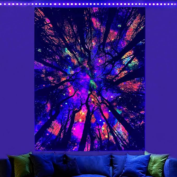 Blacklight Galaxy Forest Silhouette Tapestry for Bedroom Night Sky Ceiling Tapestry for Bedroom Decor Dark Forest Stars Tapestries Glow in the Dark Starry Night Tapestries UV Reactive Dorm Decor 29x37