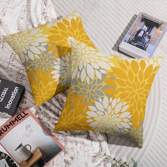 Yellow Cream Grey Gray Pillow Covers 18X18 Inch Set of 2, Modern Dahlia Floral Print Decorative Throw Pillow Covers Outdoor Farmhouse Cushion Case for Home Couch Sofa Bed Decoration