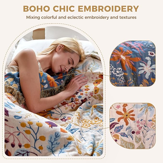 Boho Throw Blanket with Florals & Leaves Embroidery Reversible Lightweight Cotton Gauze Throws for Couch,Bed,Sofa & Chair Decor - Bohemian Living Room Accent Gift 60"x80"