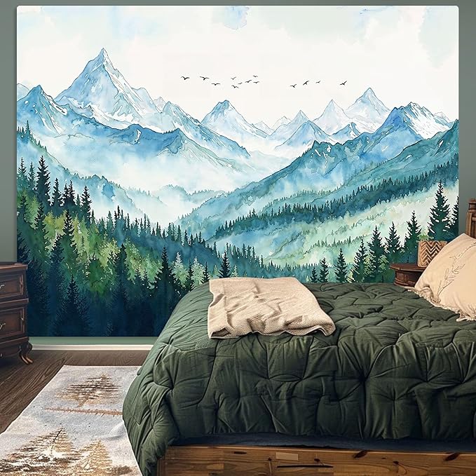 Accnicc Nature Forest Mountain Tapestry Green Misty Pine Tree Wall Tapestry for Bedroom Aesthetic Watercolor Woods Landscape Large Tapestries Wall Hanging for Living Room Dorm Decor 80 x 60 Inch