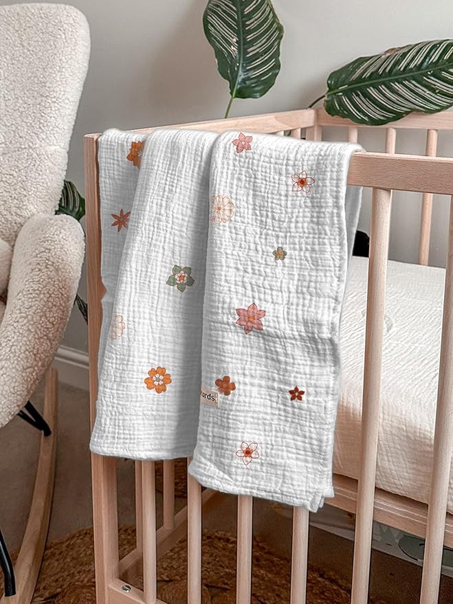 meowcards Muslin Swaddle Blankets for Baby, Unisex Baby Boys Girls Essentials, Large 47 x 47 inches, Boho Receiving Blankets Newborn Registry Must Haves (Sage & Flower-B, Printed)
