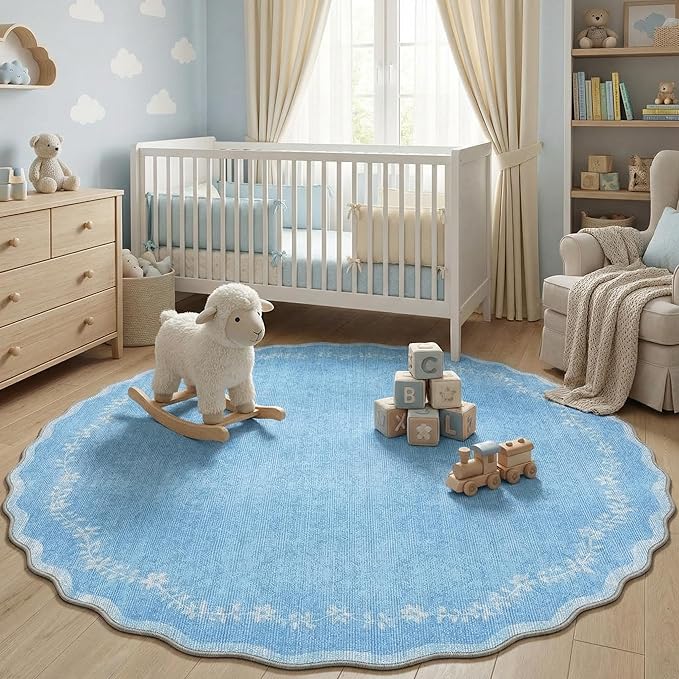 GarveeHome Scalloped Round Area Rugs 8ft for Living Room, Large Solid Blue Washable Circle Rug Soft Non Slip Floral Print Floor Mat Carpet Indoor Thin Rug for Bedroom Dining Room Playroom Nursery