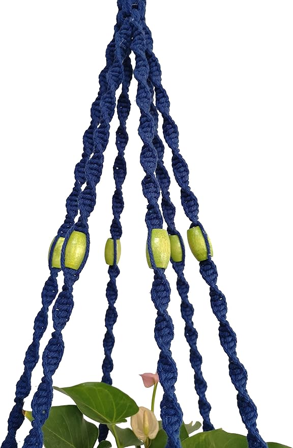 6 Legs Macrame Natural Jute and Cotton Plant Hanger & Holder and Metal Ring, 51-inches Length (Without The White Pot and Plant) (Navy Blue)