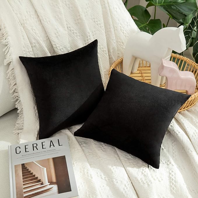 MIULEE Velvet Throw Pillow Covers 14x14 Inch, Pack of 2 - Black, Soft Solid Small Decorative Pillow Covers Modern Luxury Home Decor for Couch Chair Sofa Bedroom Livingroom Car