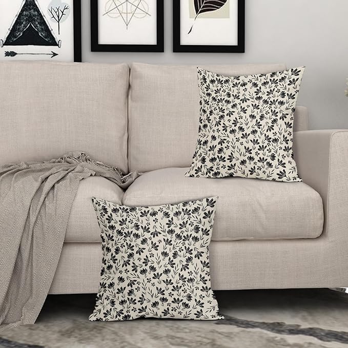 Black Floral Pillow Covers 18x18 Set of 2 Vintage Rustic Old Style Cute Small FlowerBlack Cream Print Decorative Outdoor Pillowcases Farmhouse Throw Cushion Case Decor for Couch Sofa Bed