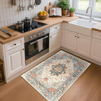 Area Rugs 3'x5' Washable Non-Slip, Floral Vintage Distress Print Pattern Medallion Carpet for Living Room Bedroom Dining Room, Beige Navy Blue Orange Colorful