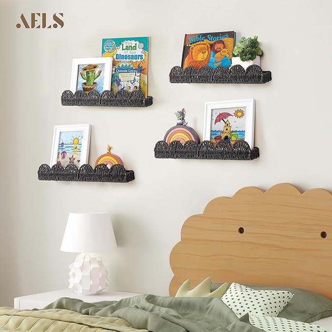 AELS Scalloped Nursery Bookshelf, Set of 4, Picture Ledge Shelf for Wall Decor, Woven Natural Fibre Floating Shelves for Books, Toys, Photo Frames, Nursery, Boho Modern Farmhouse Book Shelf, Black