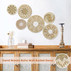 Boho Wall Basket Decor Set of 6 - Hanging Woven Basket Wall Decor, Handcrafted Round Flat Seagrass Baskets Wall Art, for Rustic、Farmhouse、Home - Unique Wicker Wall Basket Decor （White Classic）