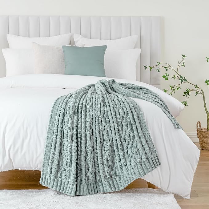 Battilo Sage Green Throw Blanket for Couch, 51"x67", Soft Cozy Chenille Throw Blanket, Knit Blanket Sage Throw, Decorative Boho Throw Blanket for Living Room