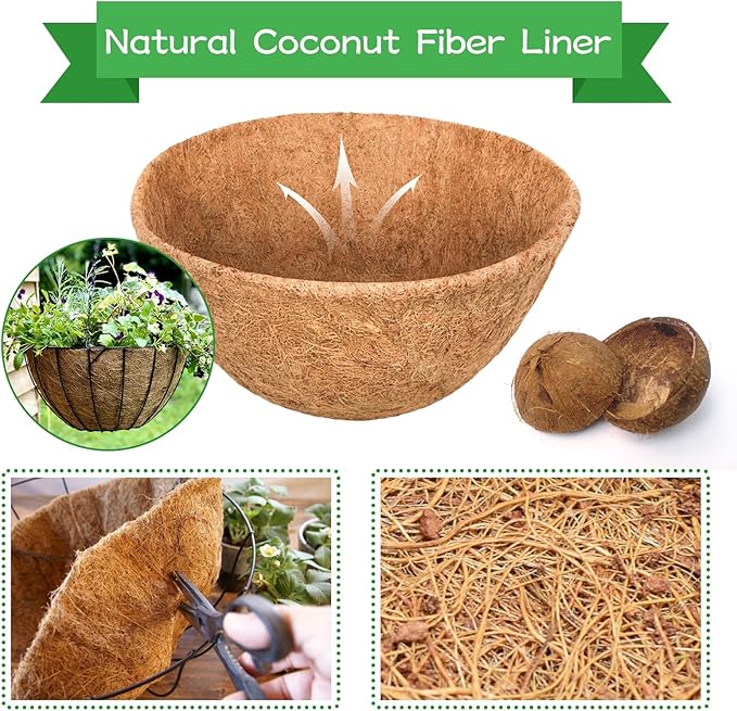 Riare 4 Pack 14 Inch Round Coco Liners Replacement, 100% Natural Coconut Coir Liners for Hanging Baskets, Garden Flower Vegetables Planter Pot, Window Box, Fence, Decks