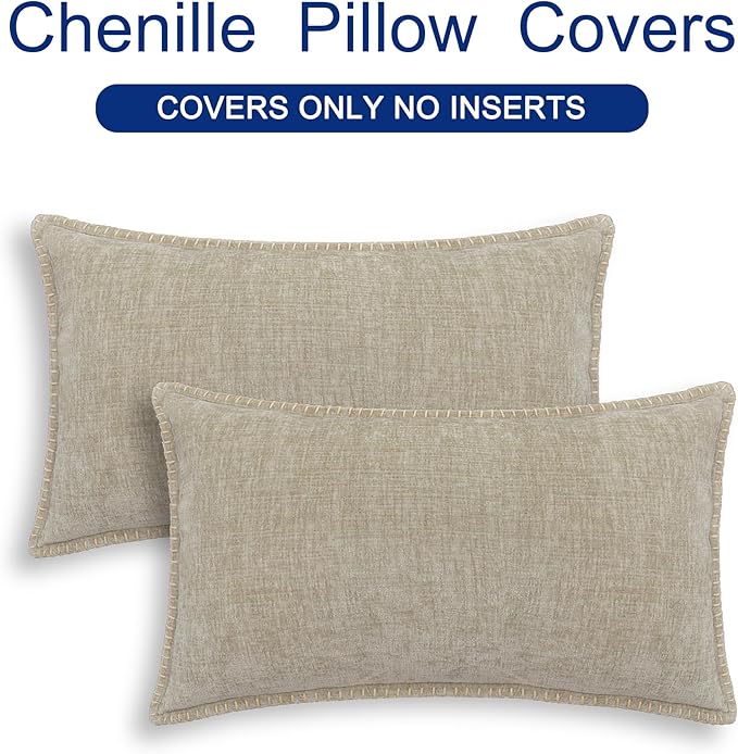 CaliTime Throw Pillow Covers Decorative 12 X 20 Inches Pack of 2 Cotton Thread Stitching Edges Solid Dyed Soft Chenille Cushion Cases for Couch Sofa Bed Living Room Farmhouse Light Taupe