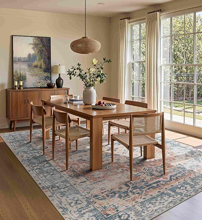Orange 5x7 Area Rugs for Living Room Bedroom, Washable Rug, Coral Vintage Retro Boho Rug, Non Slip & Low Pile Carpet for Indoor Dining Room, Kids Room, Nursery Room(Coral Blue 5x7ft)