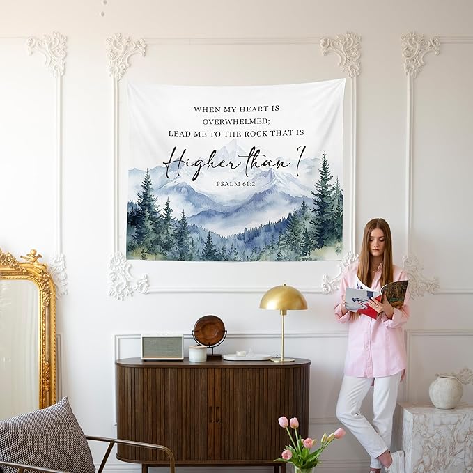 MNASAIOO Christian Mountian Woods Wall Tapestry Hanging for Bedroom, Bible Verse Scripture Psalm 61:2 Tapestry, Watercolor Religious Tapestries Wall Decor for Living Room Prayer Room Church 50x60in