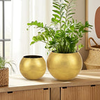 Oairse Round Gold Metal Flower Pots - 2 PCS Galvanized Planters with Drainage Hole Farmhouse Rustic Garden Rustproof Vintage Metal Plant Pot for Flowers Plant Herb Home Centerpieces Table Decorations