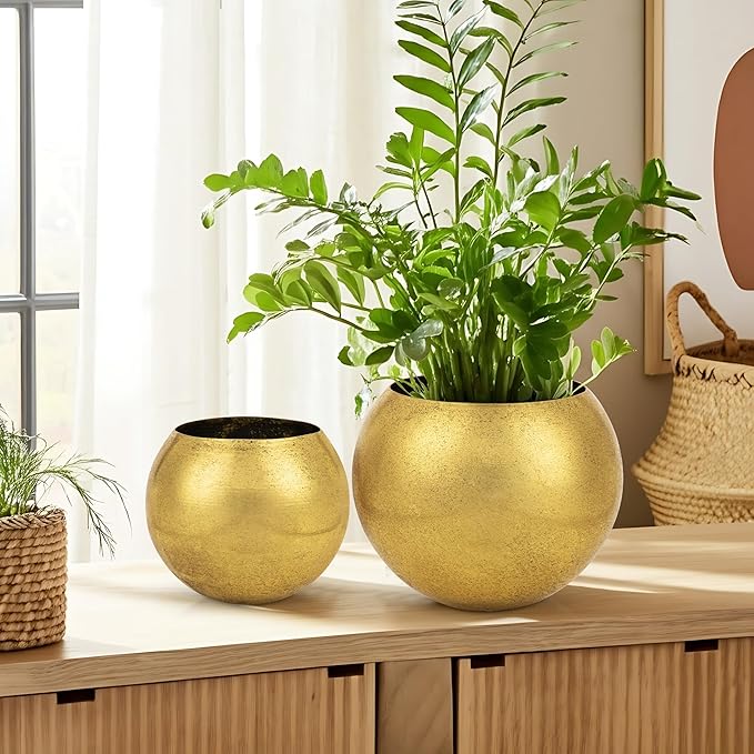 Oairse Round Gold Metal Flower Pots - 2 PCS Galvanized Planters with Drainage Hole Farmhouse Rustic Garden Rustproof Vintage Metal Plant Pot for Flowers Plant Herb Home Centerpieces Table Decorations