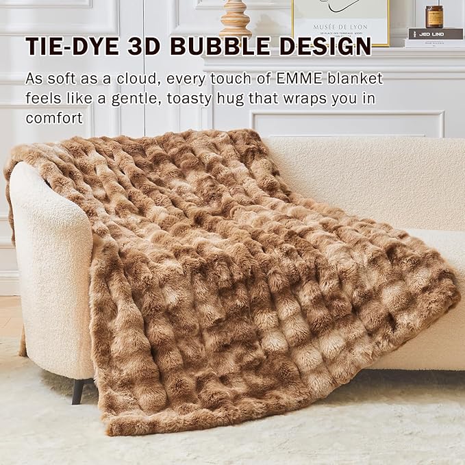 EMME Faux Fur Throw Blanket Tie Dye Brown - Big Bubble Rabbit Cozy Blanket for Couch, Small Fluffy Fuzzy Cozy Blanket, Thick Furry Plush Shaggy Blankets, 650GSM, 50x60 Inches