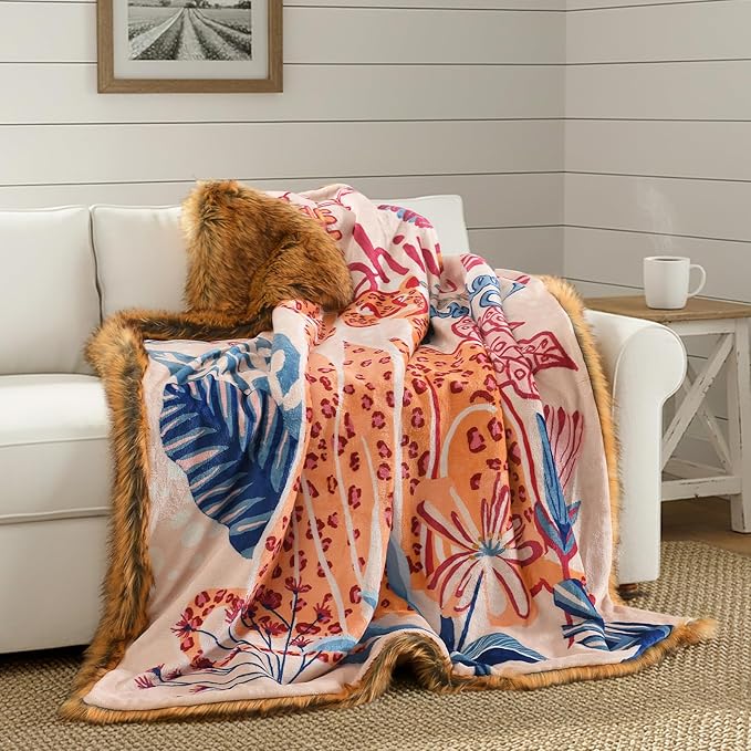 HORIMOTE HOME Long Pile Faux Fur Throw Blanket, with Cheetah and Tropical Plants Printed Pattern, Decorative Fluffy Throw Blanket for Couch Bed Sofa, Birthday Gifts for Women, 60'' x 80''