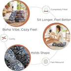 Codi Meditation Floor Pillow, Square Pillows Seating for Adults and Kids, Boho Cushion for Yoga Living Room Tatami Sitting, Memory Foam Added, 22x22 Inch, Indigo Elephant