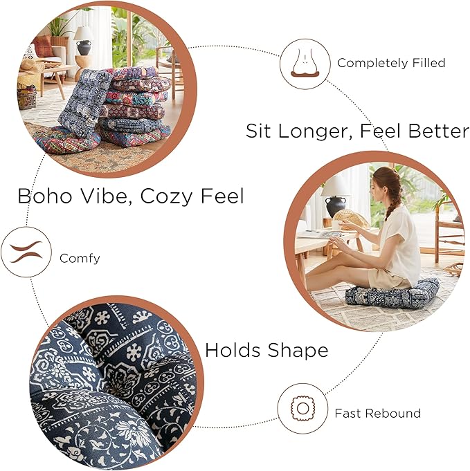 Codi Meditation Floor Pillow, Square Pillows Seating for Adults and Kids, Boho Cushion for Yoga Living Room Tatami Sitting, Memory Foam Added, 22x22 Inch, Indigo Elephant