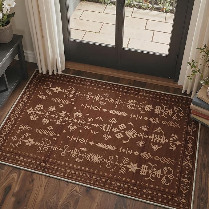 GENIMO Area Rug 2x3 Doormat, Machine Washable Low Pile Rugs, Small Retro Chenille Entryway Mat for Entrance, Hallway, Kitchen and Corridor, Coffee Brown