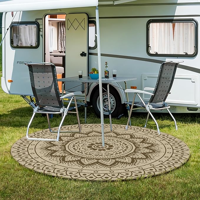 Outdoor Round Rug 6ft, Easy Jute Rug Washable Indoor Outdoor Patio Rug, Non Slip Round Area Rug Farmhouse Front Door Mat,Boho Lightweight Carpet for Backyard Patio Entry (Brown, 6 Ft)