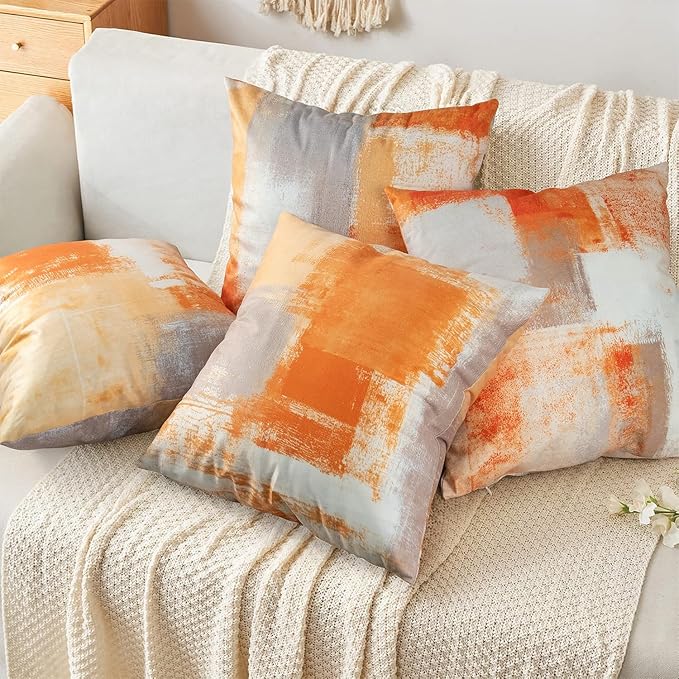COLORPAPA Orange Grey Throw Pillow Covers 20x20 Set of 4 Decorative Cushion Cover Beige Abstract Art Painting Pillowcase for Sofa Bedroom Living Room Décor