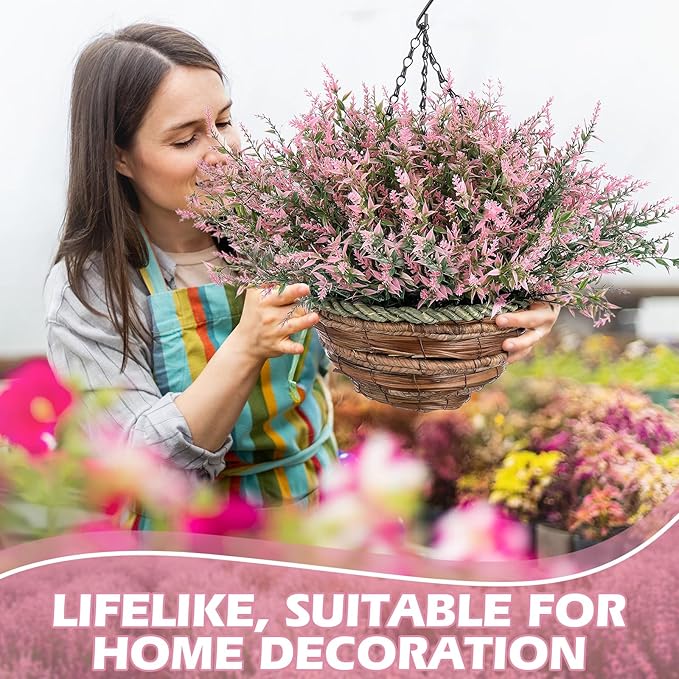 2 Sets Artificial Lavender Flowers with Hanging Basket for Outdoor Indoor Artificial Faux Hanging Flowers Plants Rattan Lining for Porch Garden Yard Spring Summer Decor(Pink)