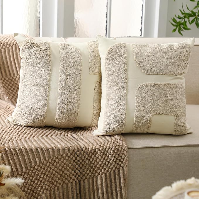 Oudain 2 Pcs Black and White Tufted Pillow Covers Boho Chunky Geometric Decorative Throw Pillow Case 18 x 18 Inches Abstract Pillowcases for Bed Couch(White Cream, Classic Style)