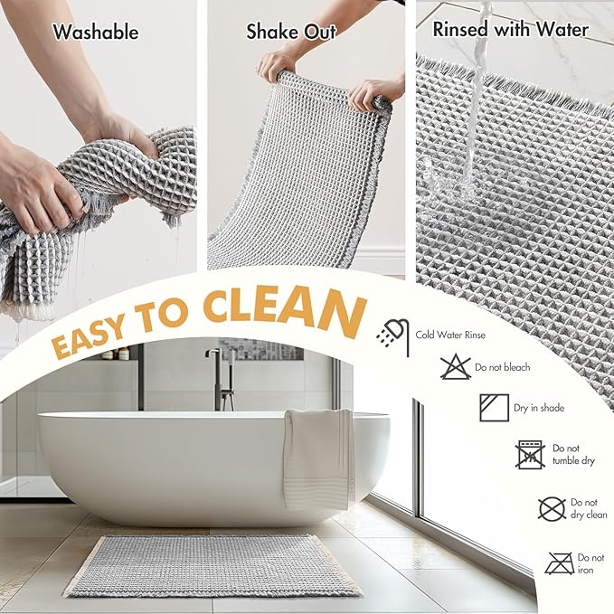 MIULEE Set of 2 Waffle Bathroom Rugs, Boho Bath Rugs Non Slip Washable, Super Absorbent Bath Mats, Ultra Soft Rubber Backed Shower Mats for Bathroom Floor, Tub, LightGrey & Cream, 18x30 Inch