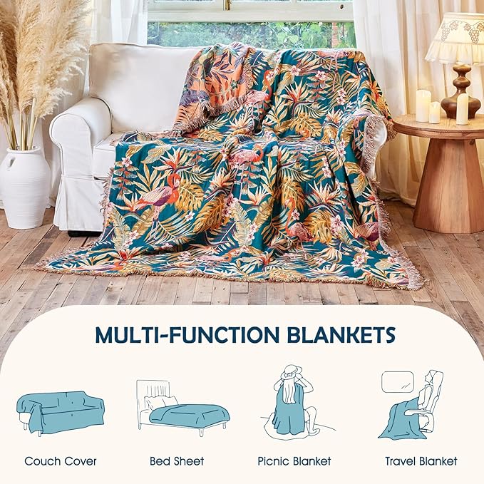 Boho Throw Blanket - 100% Cotton Ultra Soft Muslin Spring Blanket, 60"x80" Lightweight Floral Bird Framhouse Bedding Blanket for Bed, All Season Blue Bohemian Bedroom Home Decor Quilt