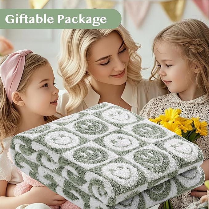 WRENSONGE Checkered Throw Blanket Seagrass Smiling Face Soft Cozy Fluffy Warm Hand Made Weave Throw Blankets for Couch, Sofa, Chair, Bed, Camping, Picnic, Travel Lightweight Bed Blanket - 60"*80"