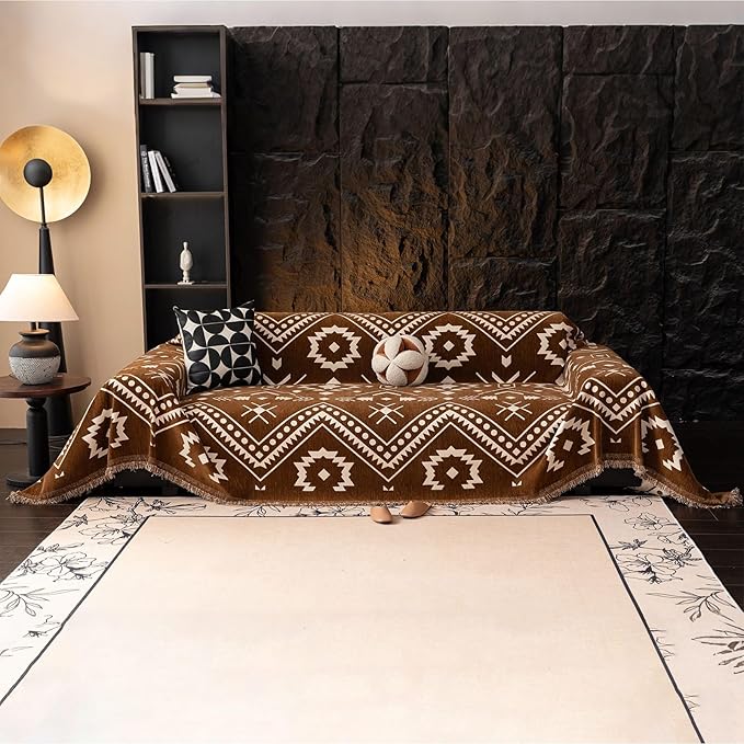 VClife Bohemian Couch Cover Aztec Geometric Chenille Sofa Cover for Sectional Couch - Brown and White Zigzag Pattern Sofa Slipcover for 2 Cushion Couch Sofa 71" X 150"