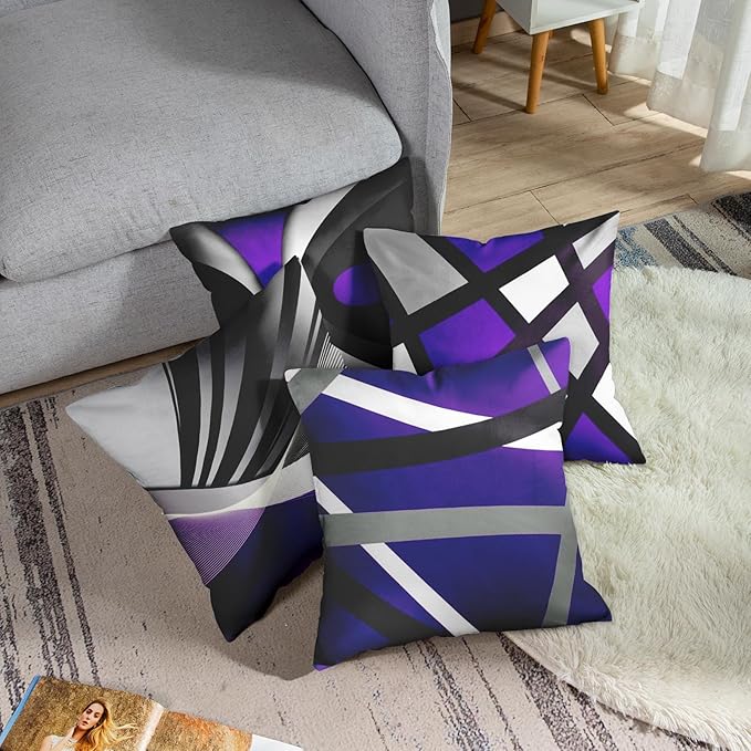 Emvency Set of 4 Purple Throw Pillow Covers Modern Abstract Black Grey Stripes Gray White Acrylic Bold Decorative Pillow Cases Home Decor Square 18x18 Inches Pillowcases