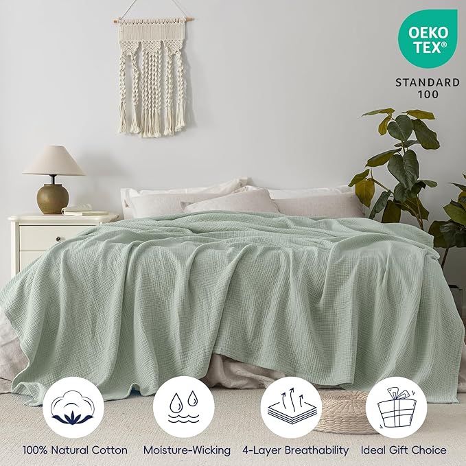 PHF 100% Cotton Muslin Blanket Queen Size 90"x90", 4-Layer Lightweight Gauze Throw, Breathable Cloud-Soft Minimalist Blanket for Bed, Couch, Camping & Baby, Sage Green, Ideal Gift