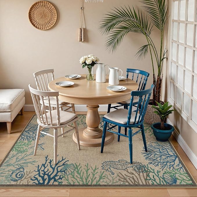 LIVEBOX Modern 3x5 Jute Outdoor Patio Rug, Washable Rugs for Entryway Porch, Coastal Animal Boho Farmhouse Carpet, Non Slip Front Door Mat for Outdoor Indoor Entryway Guestroom Decor (Blue 3'x5')