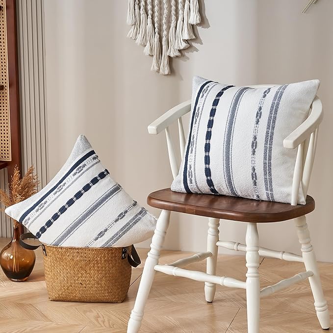 Chenille Boho Pillow Covers 18x18 Inch Decorative Throw Pillow Covers Striped Square Pillowcase Covers Modern Farmhouse Home Decor Pillow Protectors with Zipper Standard Size, Set of 2