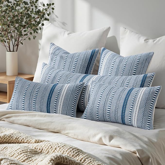 ANRODUO Pack of 2 Boho Throw Pillow Covers 24x24 Inch Farmhouse Decorative Couch Pillow Cases Jacquard Cushion Cover Neutral Accent Pillows of Bed Sofa Bedroom Living Room Home Decor, Navy Blue