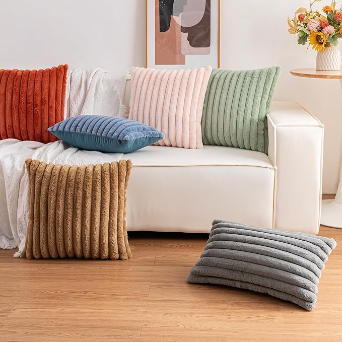 Pack of 2 Faux Fur Fall Throw Pillow Covers 12x20 Inch, Soft Plush Striped Neutral Couch Pillow Cover, with Velvet Back Modern Home Decor for Sofa Living Room Couch Bed Dark Coffee